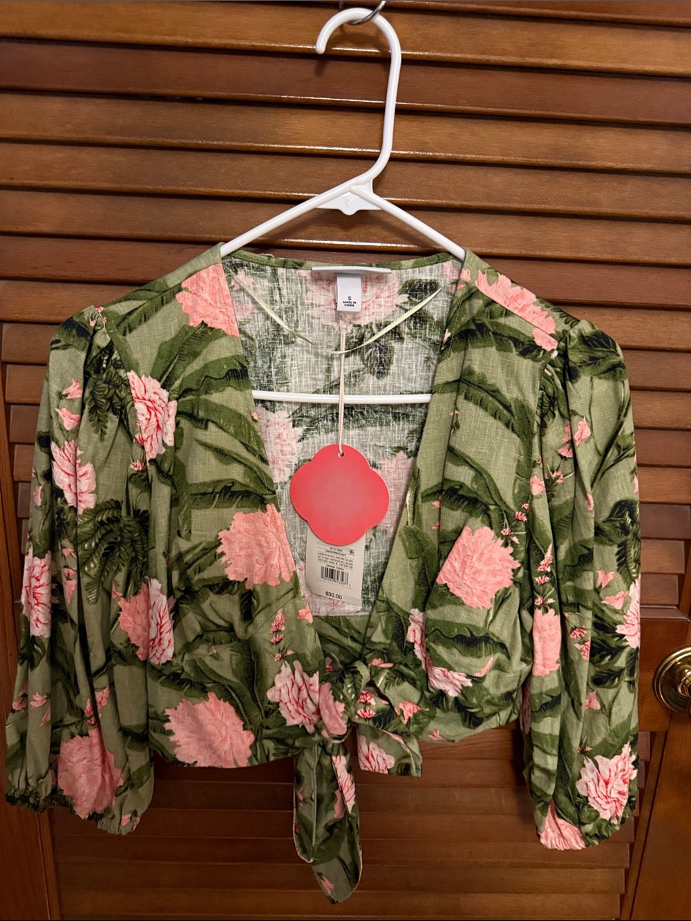 Agua Bendita Pink Floral Tie-Front Blouse with Olive Green Leaves MATCHING SET!